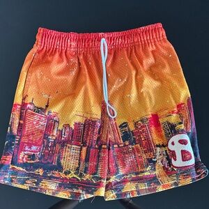 Kids Orange Skyline Print Athletic Shorts with Drawstring